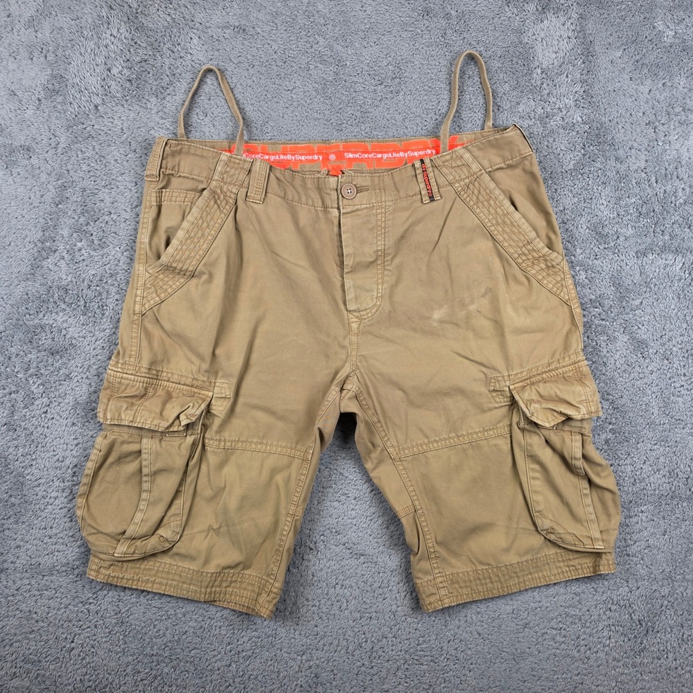 Superdry Cargo Shorts Mens XL Tan Slim Core Cargo Lite Utility Multi Pocket
